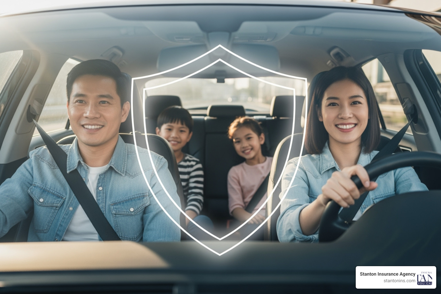 shield icon overlaying family in car - difference between pip and uninsured motorist coverage shield icon overlaying family in car - difference between pip and uninsured motorist coverage