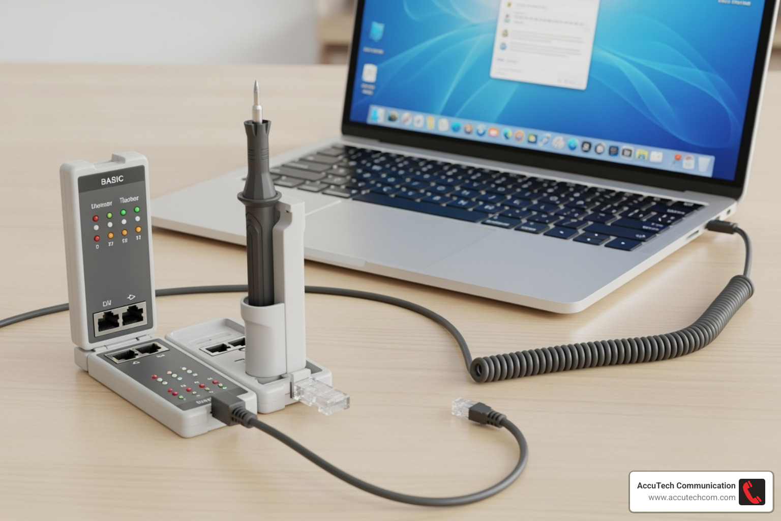 basic network cable tester alongside a laptop for comparison - how to test network cable