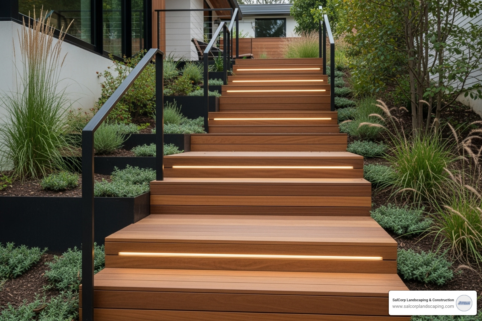 modern steel and wood steps complementing a contemporary home - side yard steps