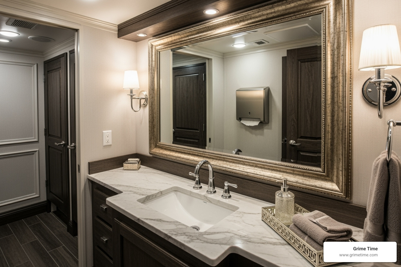 Interior of a luxury restroom trailer with vanity and lighting - reliable porta potty service