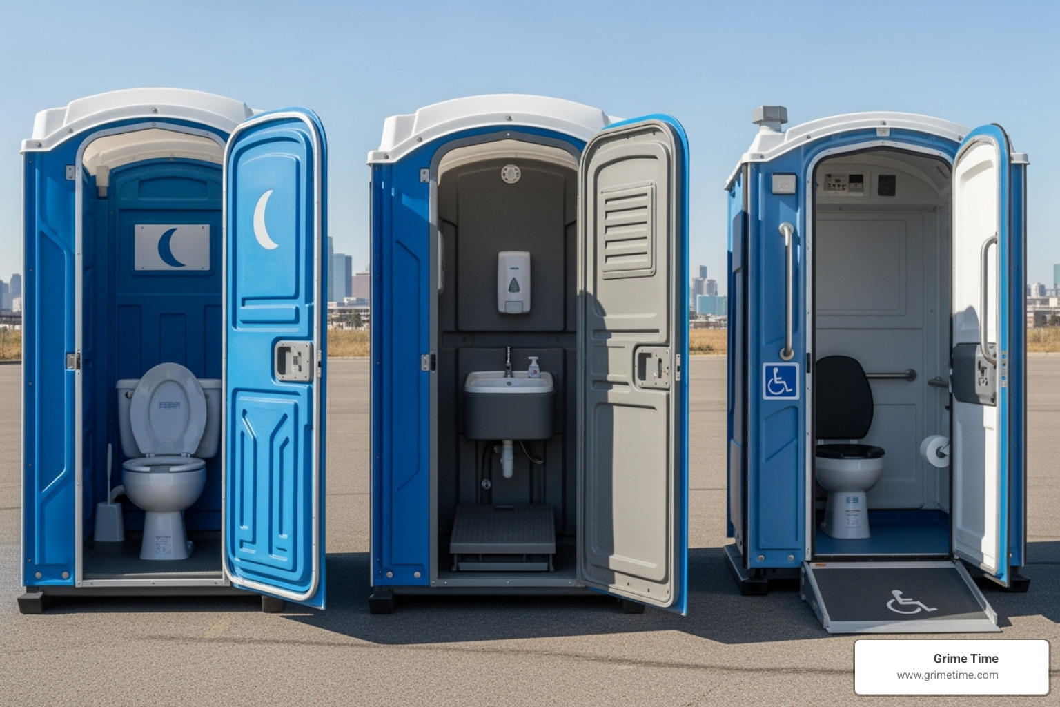 Side-by-side comparison of a standard unit, a deluxe unit with a sink, and an ADA-compliant unit - reliable porta potty service