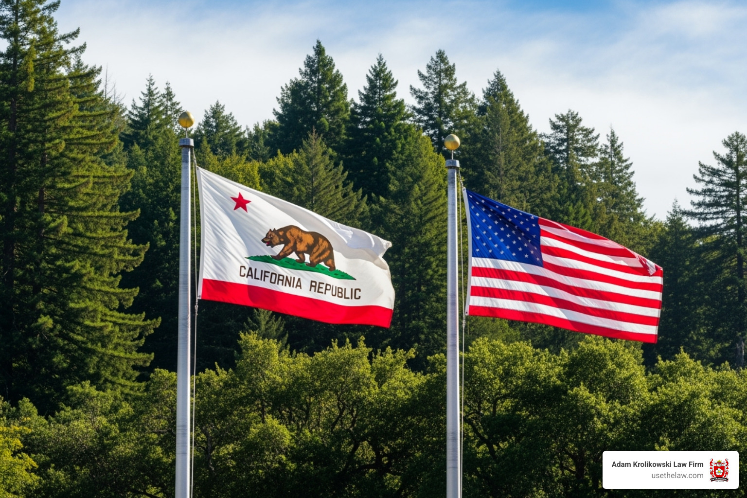 California state flag and the US flag together - discrimination lawyers los angeles