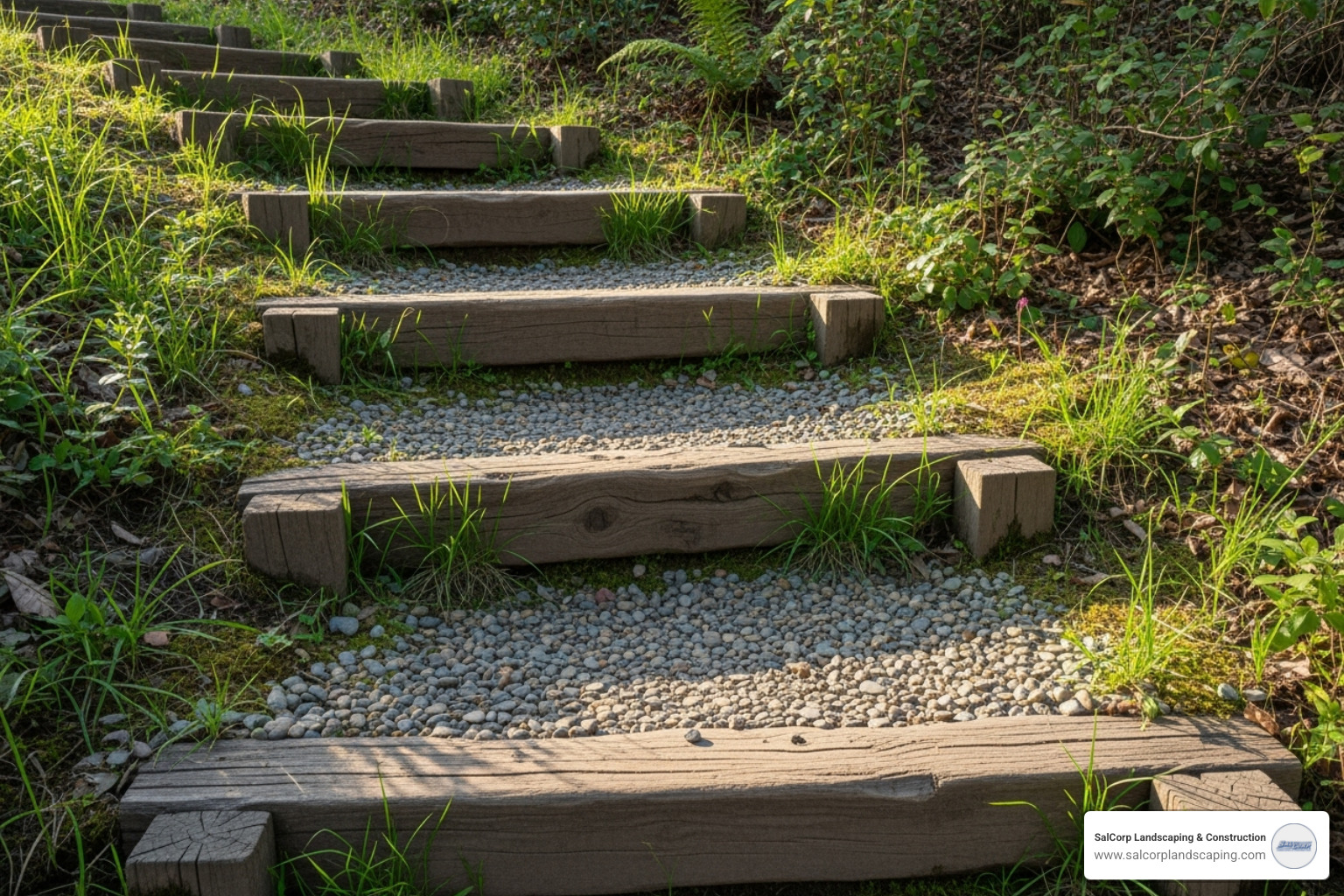 rustic timber and gravel steps on a gentle slope - side yard steps