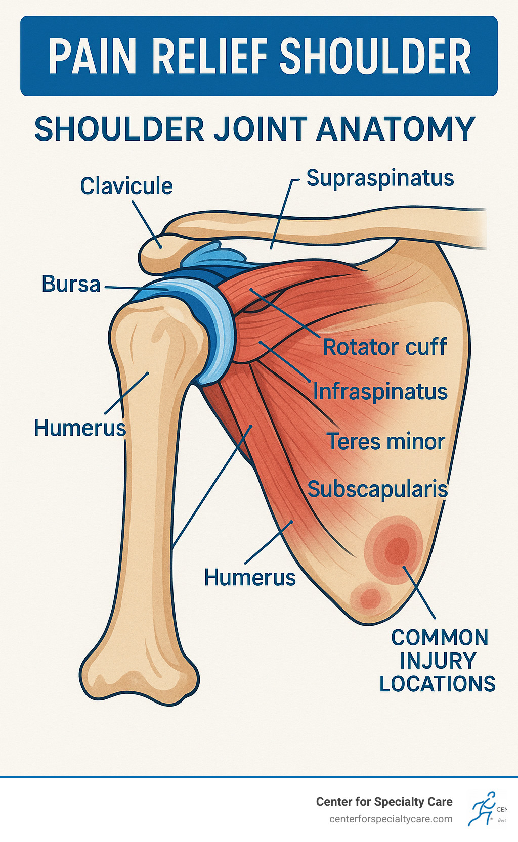 Detailed anatomical diagram of the shoulder joint showing the rotator cuff muscles, bursa sacs, clavicle bone, humerus, scapula, and common injury locations with labels for each component - pain relief shoulder infographic 