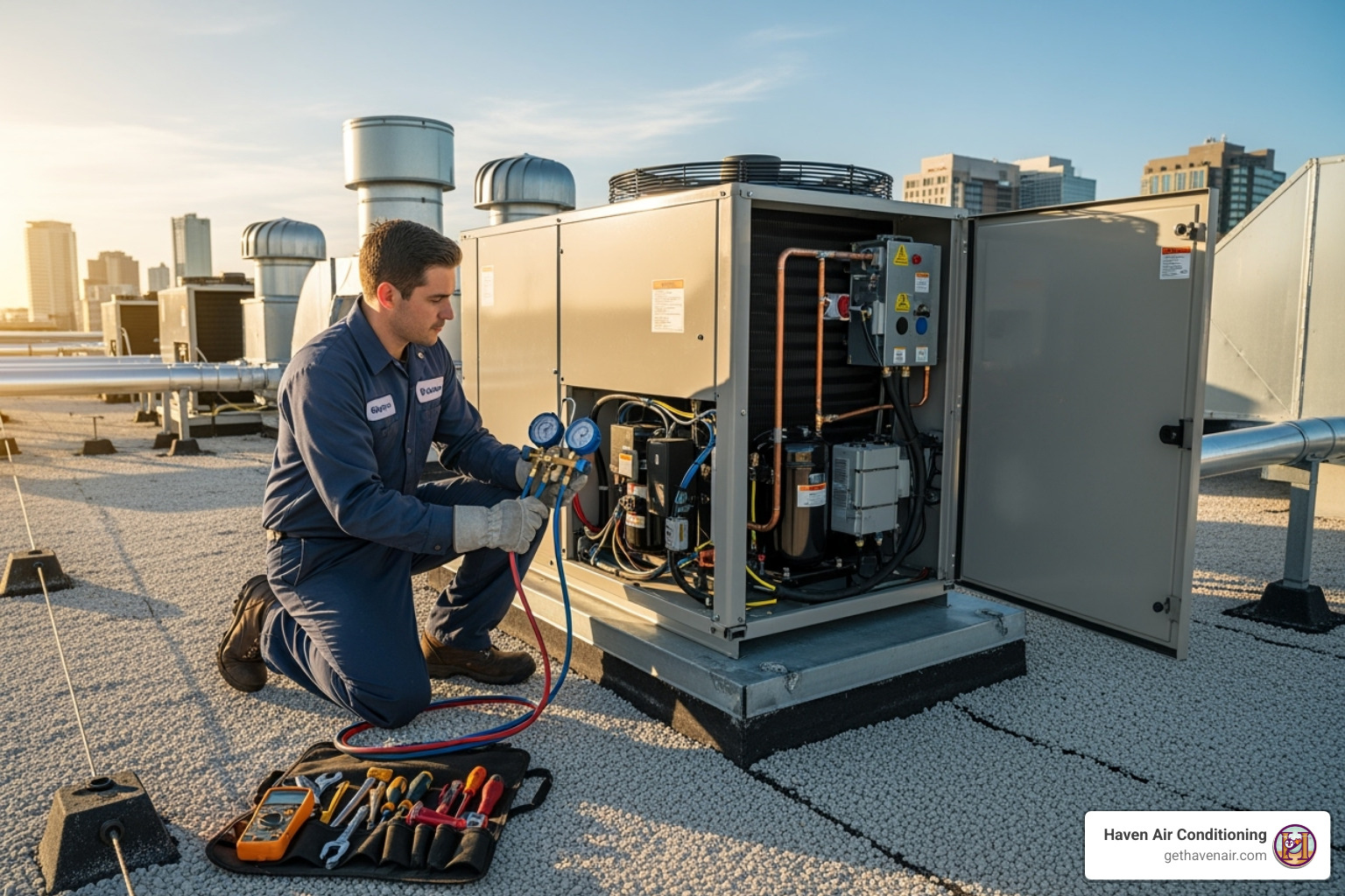 technician servicing a commercial split system - commercial hvac anaheim ca