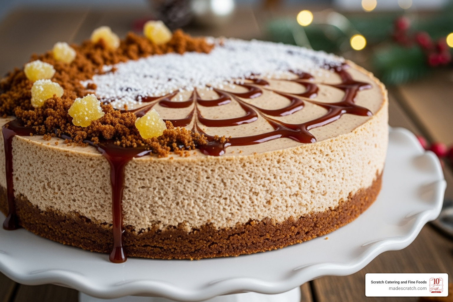 A beautiful gingerbread cheesecake on a cake stand - Easy holiday meals A beautiful gingerbread cheesecake on a cake stand - Easy holiday meals