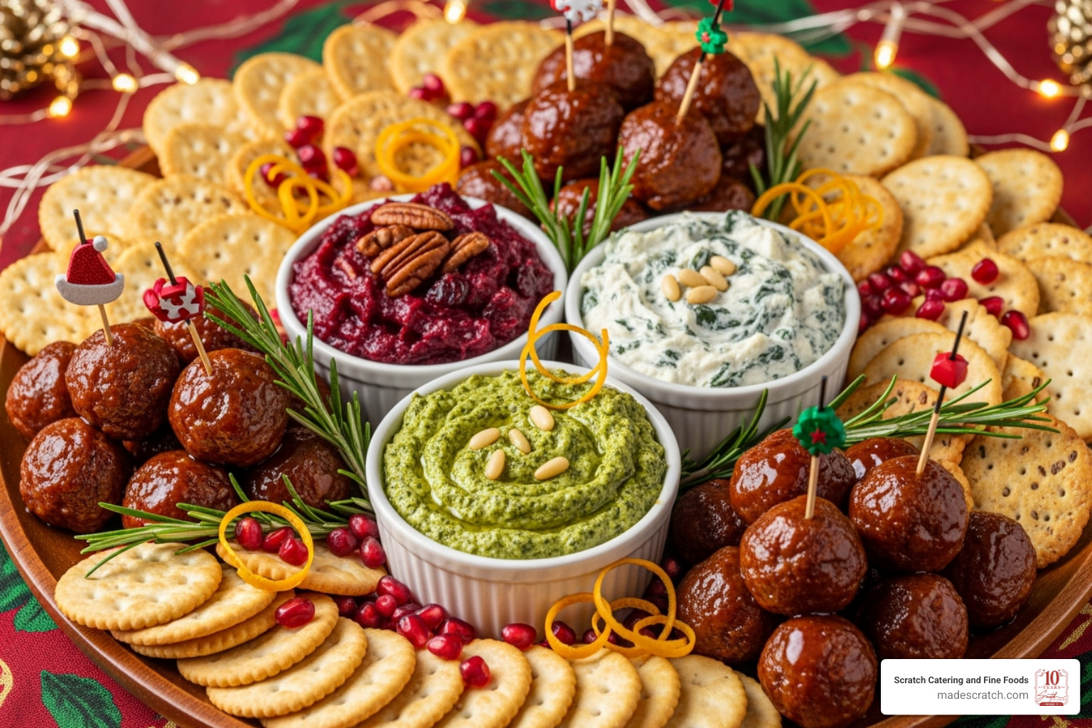 A festive appetizer platter featuring dips, meatballs, and crackers - Easy holiday meals A festive appetizer platter featuring dips, meatballs, and crackers - Easy holiday meals