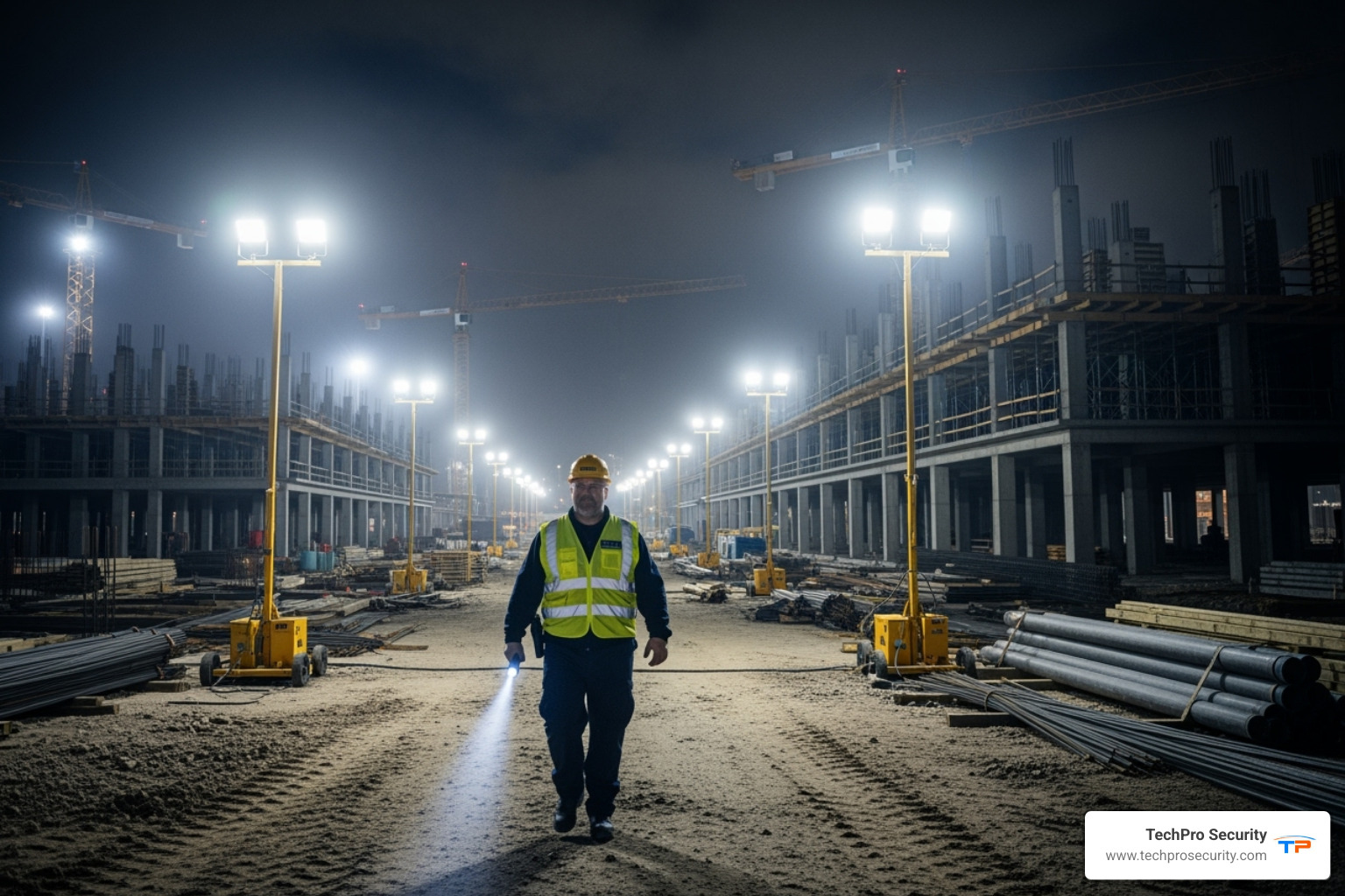 A security guard patrolling a construction site at night, illuminated by site lights - how to secure a construction site