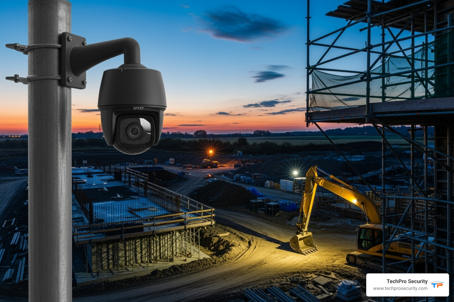 A PTZ camera mounted on a pole overlooking a construction site at dusk - how to secure a construction site