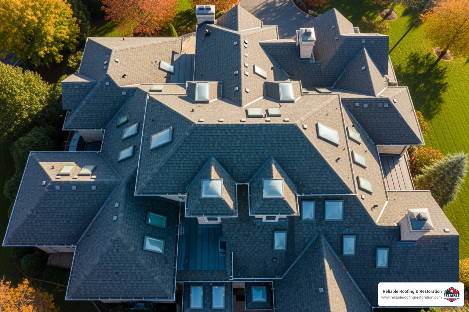A complex roof structure with multiple gables, valleys, and skylights, showcasing the intricate design that increases roofing costs - average cost to change roof A complex roof structure with multiple gables, valleys, and skylights, showcasing the intricate design that increases roofing costs - average cost to change roof
