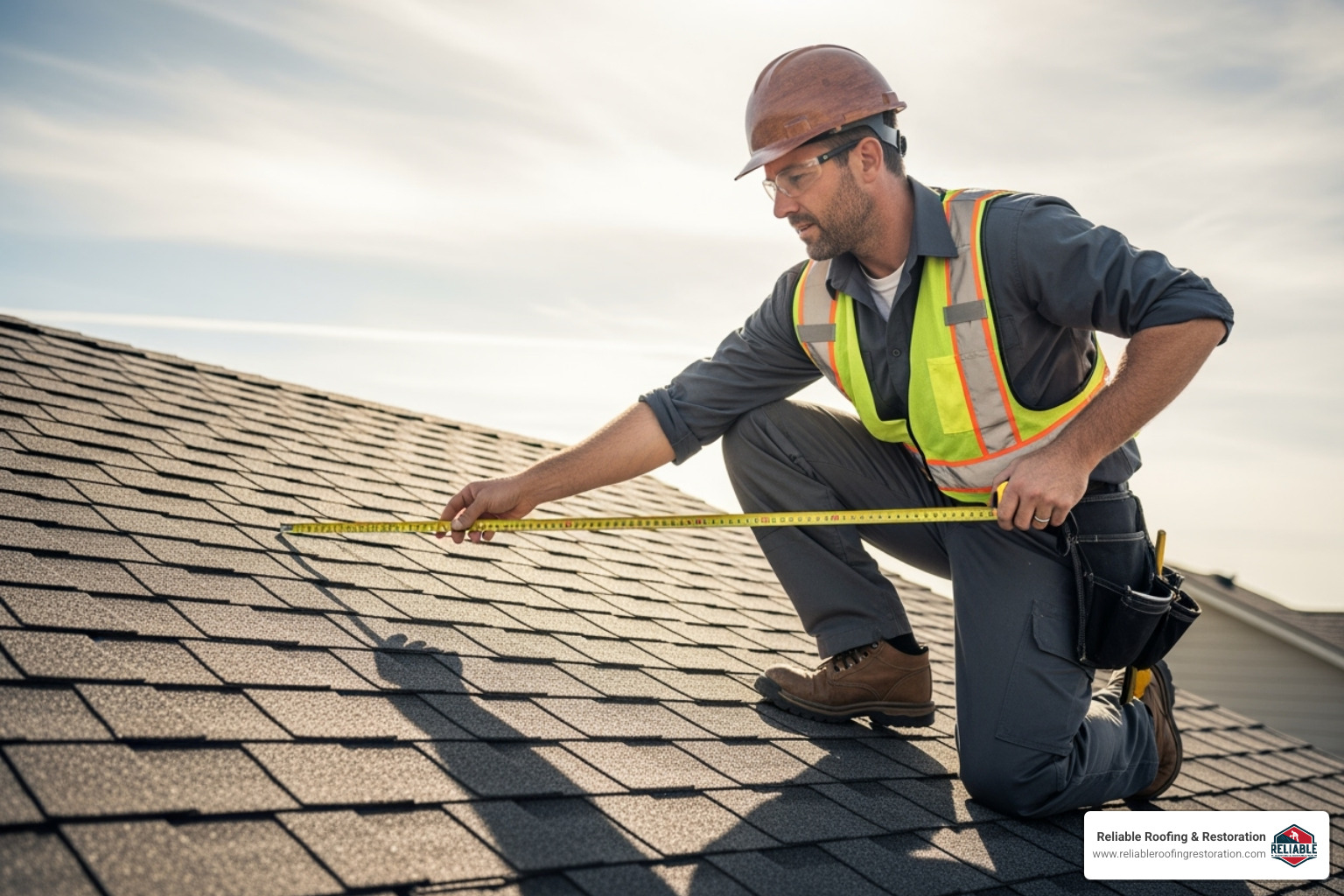 A roofing contractor measuring a roof's dimensions with a tape measure, highlighting the importance of accurate measurements for cost estimation - average cost to change roof A roofing contractor measuring a roof's dimensions with a tape measure, highlighting the importance of accurate measurements for cost estimation - average cost to change roof