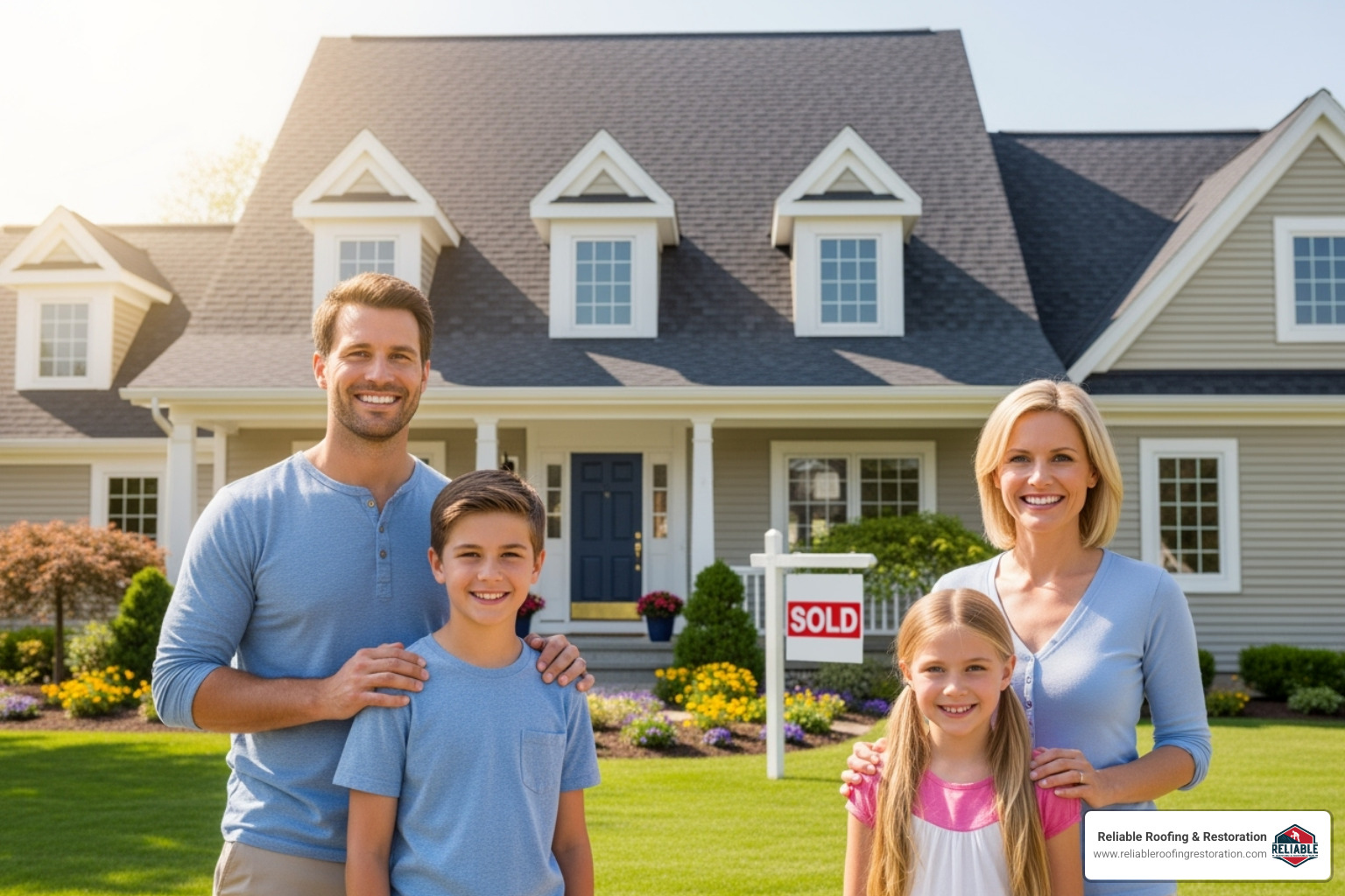 A family smiling and standing proudly in front of their newly roofed home, symbolizing the joy and value of a new roof - average cost to change roof A family smiling and standing proudly in front of their newly roofed home, symbolizing the joy and value of a new roof - average cost to change roof