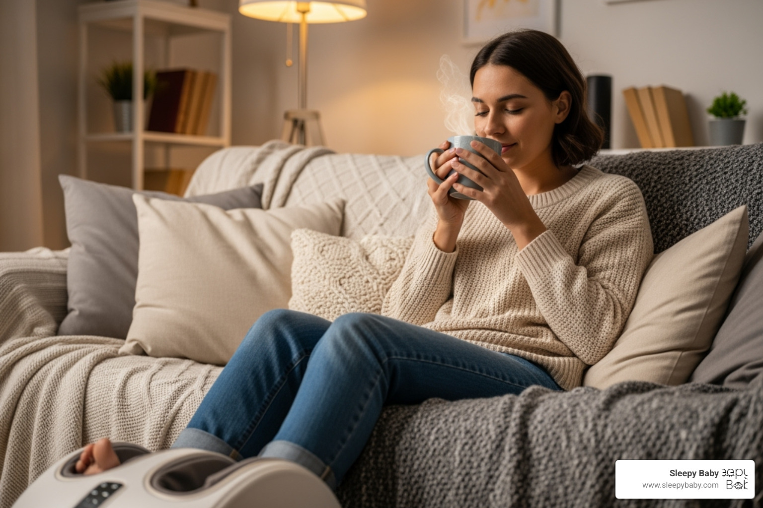parent relaxing with coffee and foot massager - gifts for sleep deprived parents