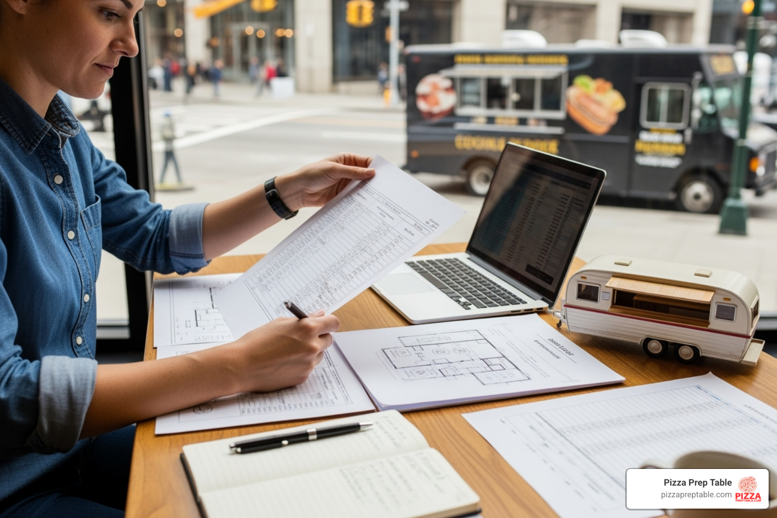 owner reviewing blueprints and a budget for their food trailer - food trailer with equipment owner reviewing blueprints and a budget for their food trailer - food trailer with equipment