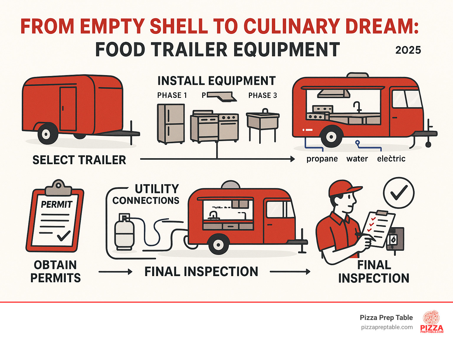 Comprehensive infographic showing the step-by-step process of changing an empty food trailer into a fully operational mobile kitchen, including trailer selection, equipment installation phases, utility connections, permitting requirements, and final inspection checklist - food trailer with equipment infographic  Comprehensive infographic showing the step-by-step process of changing an empty food trailer into a fully operational mobile kitchen, including trailer selection, equipment installation phases, utility connections, permitting requirements, and final inspection checklist - food trailer with equipment infographic