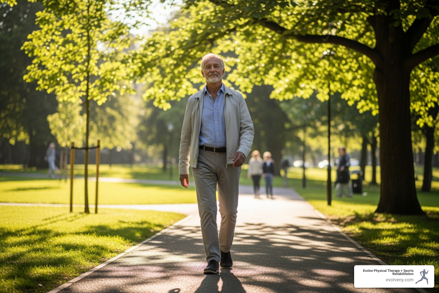 Older adult walking confidently outdoors - Physical therapy for adults
