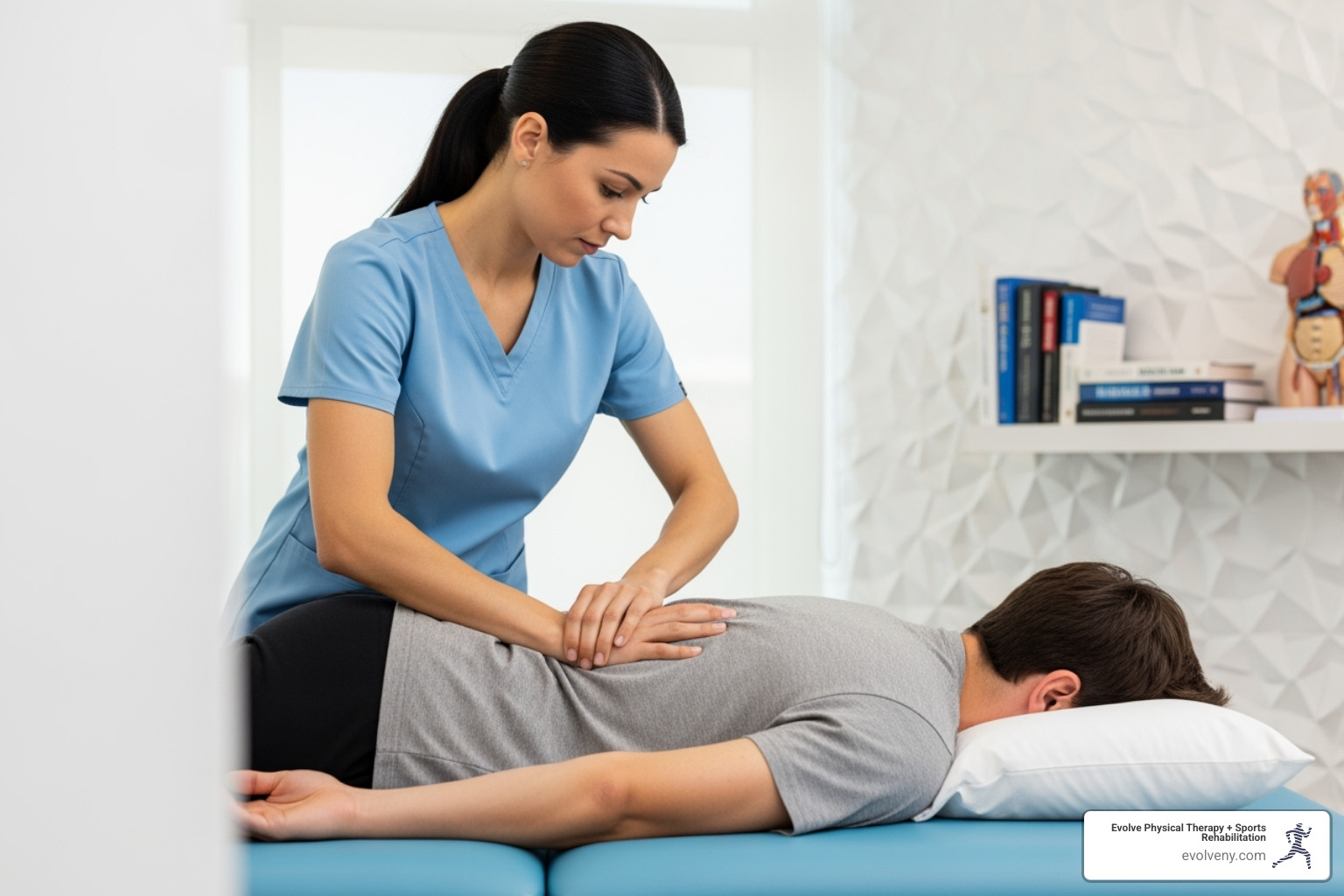 Physical therapist performing a hands-on manual therapy technique on a patient's back - Physical therapy for adults