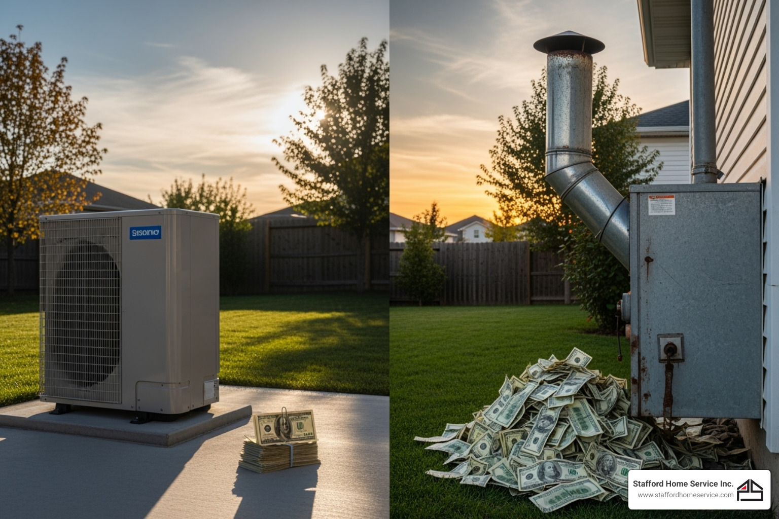 a graphic illustrating the potential energy cost savings of a heat pump over a traditional furnace over a 10-year period, showing two separate bars for total cost, with the heat pump bar significantly lower - heat pumps minneapolis