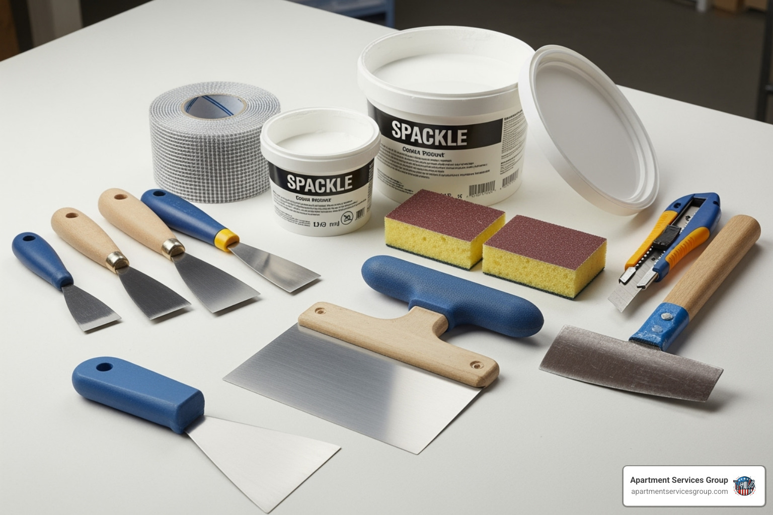 essential drywall repair tools laid out neatly - Apartment drywall repair