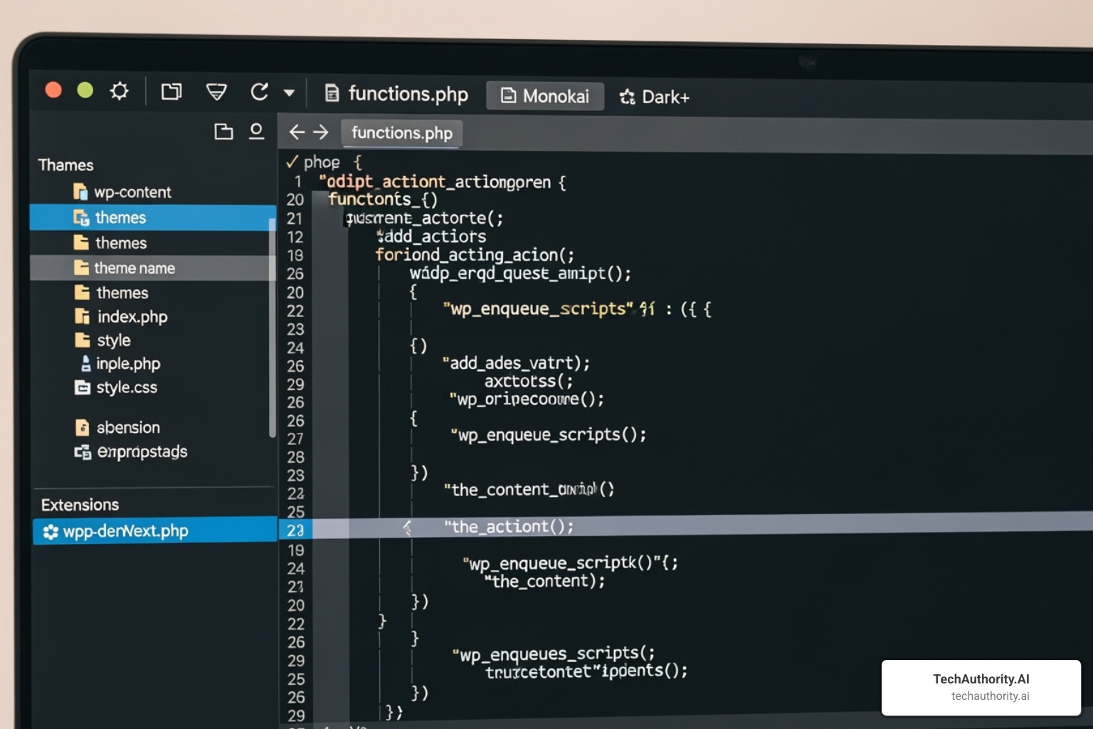 Visual Studio Code interface showing PHP code for a WordPress theme file, with syntax highlighting and a sidebar for files and extensions. - best tools for wordpress developers