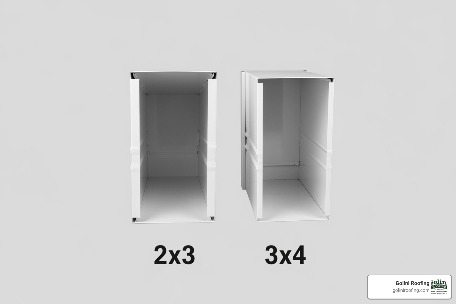 Image showing different downspout sizes and shapes (e.g., 2x3 vs 3x4 rectangular) - gutter sizes Image showing different downspout sizes and shapes (e.g., 2x3 vs 3x4 rectangular) - gutter sizes