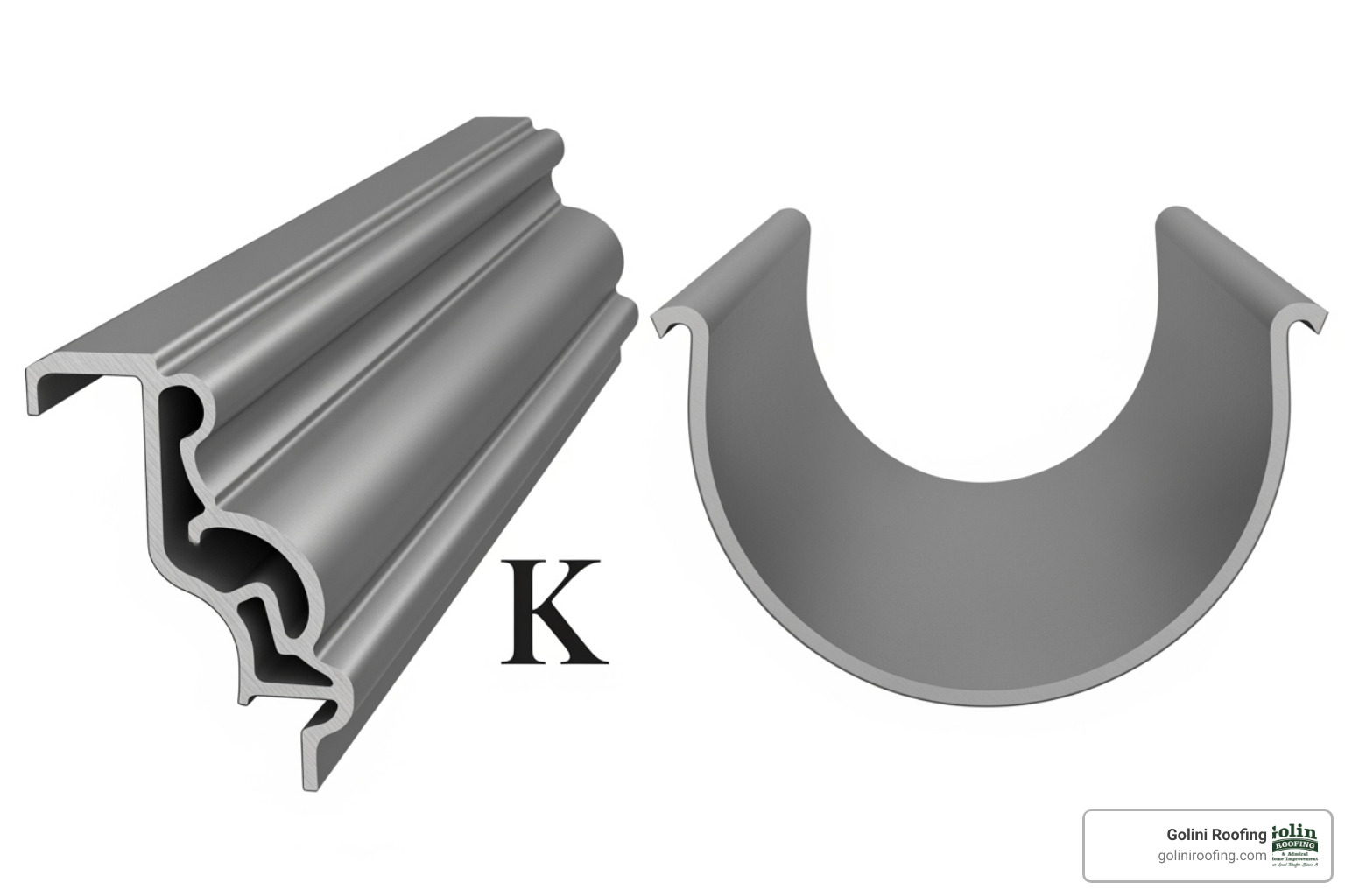 Image showing a clear comparison of K-style and half-round gutter profiles - gutter sizes Image showing a clear comparison of K-style and half-round gutter profiles - gutter sizes
