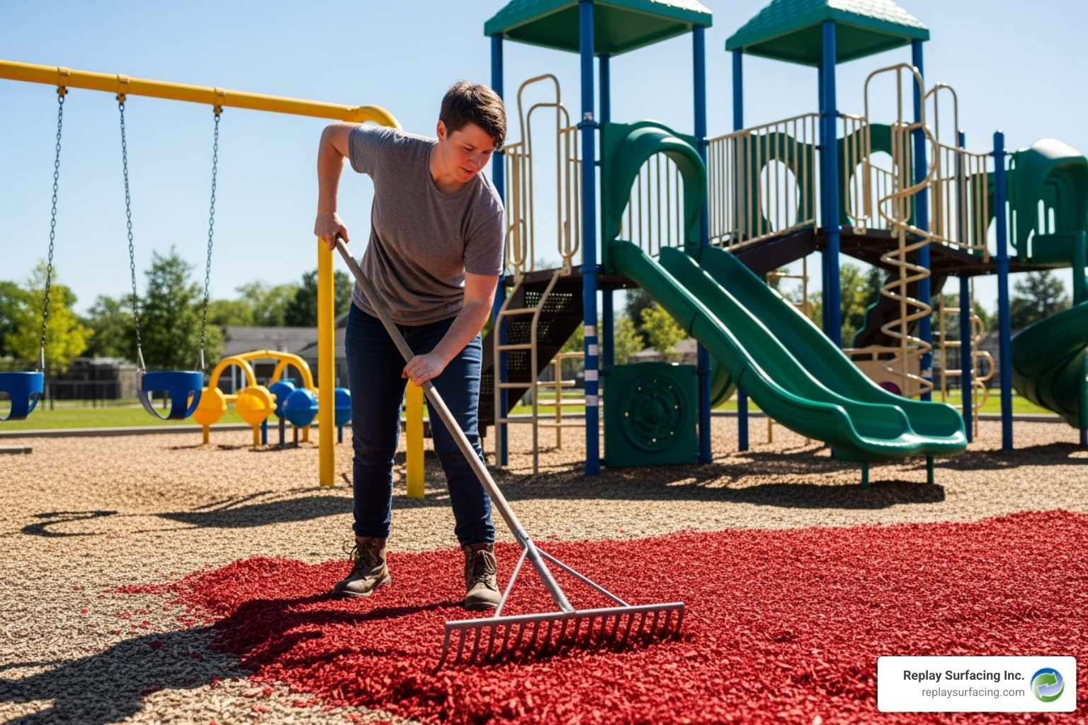 person spreading rubber mulch in a playground area with a rake - rubber mulch by the yard Charlotte NC