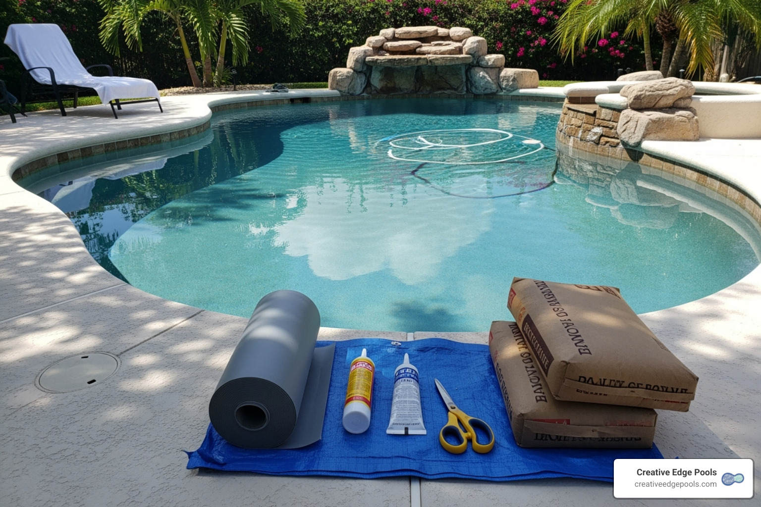 A gunite backyard pool with repair tools laid out by the poolside, including glue, scissors, and patch material. - underwater vinyl pool glue