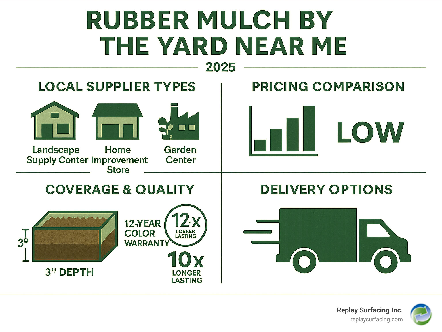 Comprehensive guide showing local supplier types, pricing comparison, and delivery options for rubber mulch by the yard with coverage calculations and quality indicators - rubber mulch by the yard Charlotte NC infographic 