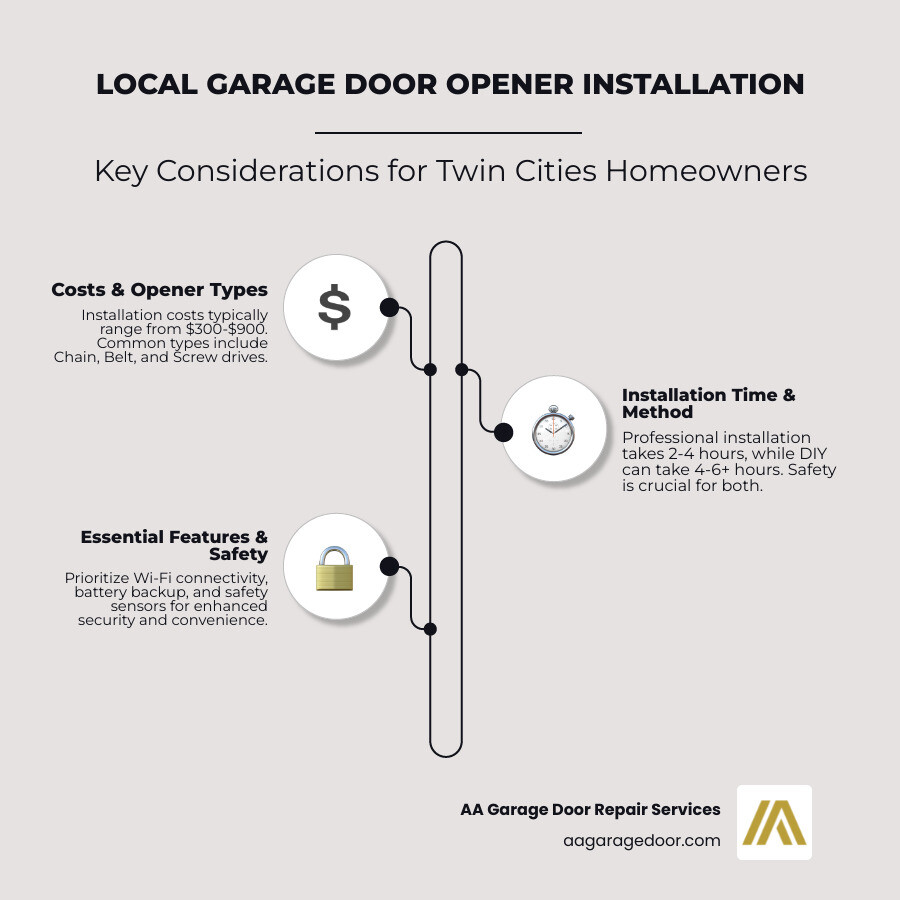 Comprehensive guide showing garage door opener installation process including preparation, mounting, wiring, and testing phases with safety considerations and professional vs DIY comparison - local garage door opener installation infographic infographic-line-3-steps-neat_beige Comprehensive guide showing garage door opener installation process including preparation, mounting, wiring, and testing phases with safety considerations and professional vs DIY comparison - local garage door opener installation infographic infographic-line-3-steps-neat_beige