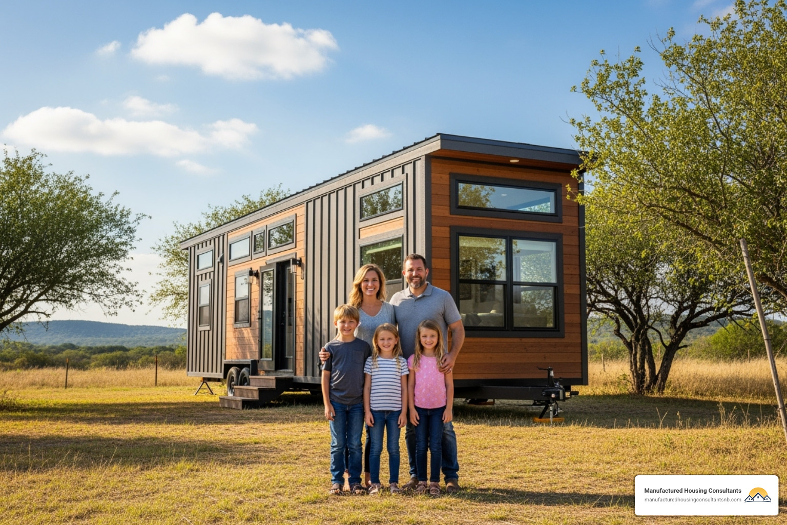 Family smiling in front of a modern manufactured tiny home - tiny homes for rent new braunfels