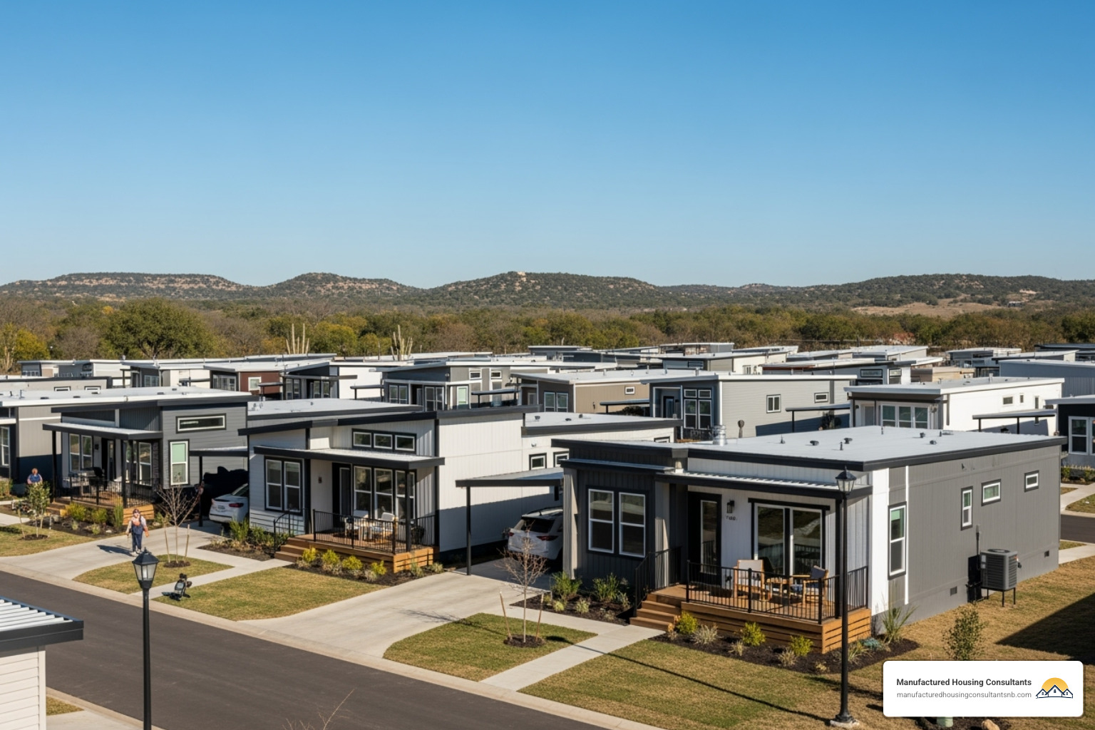Modern manufactured mobile homes in a Texas setting, under a clear blue sky - tiny homes for rent new braunfels