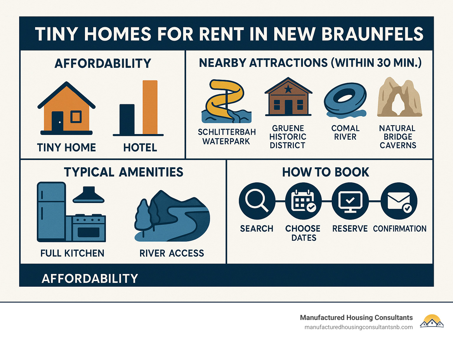Comprehensive guide to tiny home rental benefits in New Braunfels including affordability comparison, nearby attractions within 30 minutes, typical amenities like full kitchens and river access, and booking process steps - tiny homes for rent new braunfels infographic 
