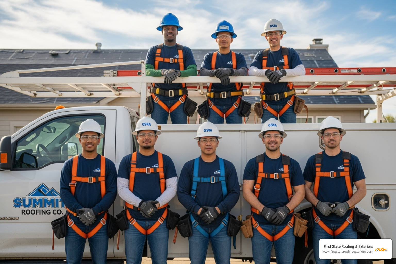 of a friendly roofing team with proper safety harnesses and their truck - new roof Milton