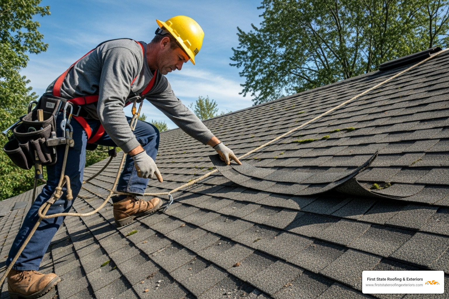 of a roofer inspecting a damaged shingle with proper safety harness - new roof Milton