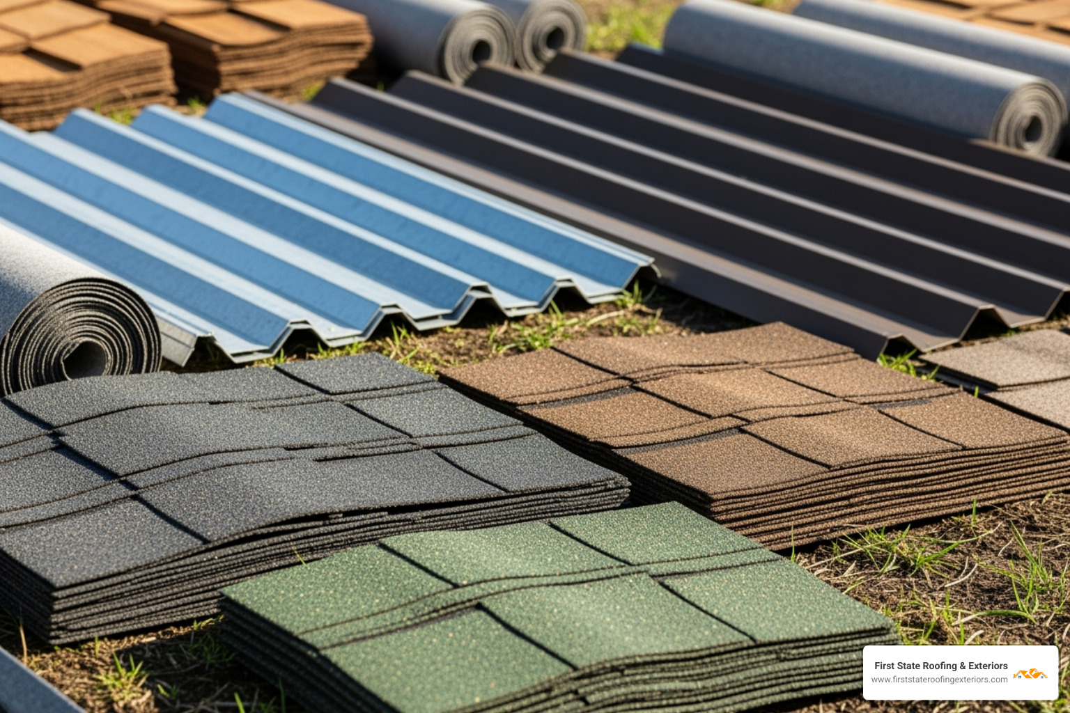 of roofing materials like shingles and metal panels laid out - new roof Milton