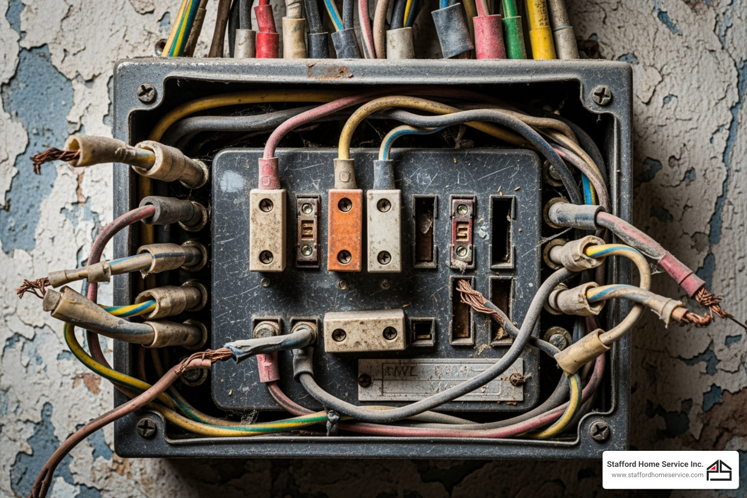 old, overloaded fuse box with multiple wires connected - electrical repair minneapolis