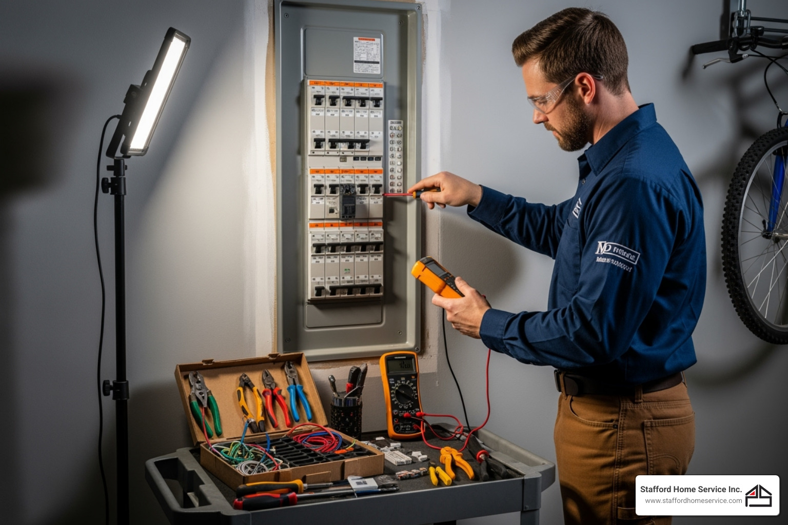 electrician safely working on a modern circuit breaker panel - electrical repair minneapolis