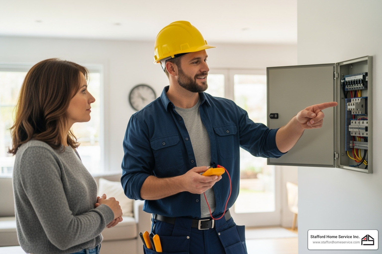 friendly electrician talking with a homeowner explaining the electrical issue - electrical repair minneapolis