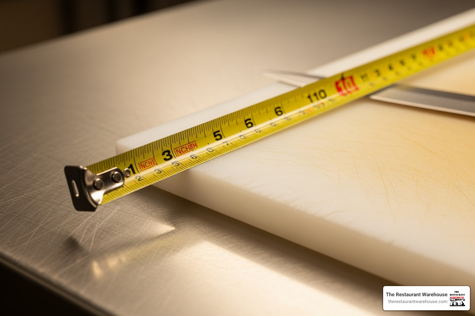 measuring tape showing cutting board depth on a prep table - sandwich prep table cutting board