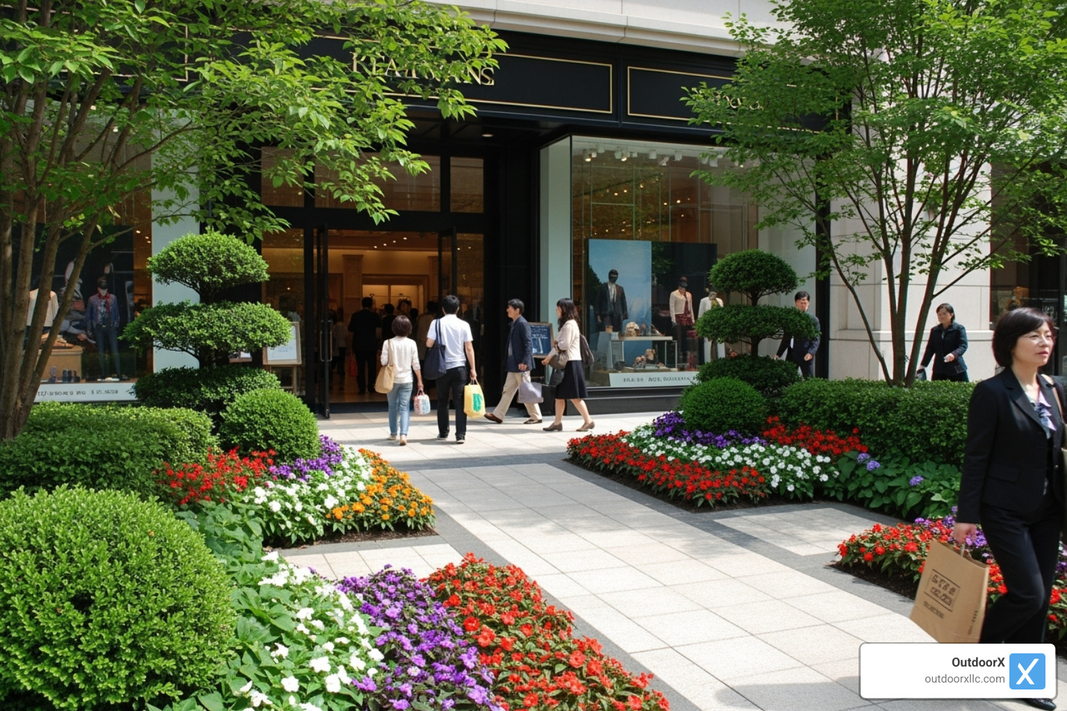 busy storefront with an inviting, beautifully landscaped entrance - commercial landscape companies near me