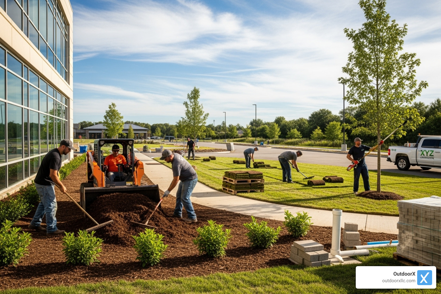 landscape crew working on a large commercial site - commercial landscape companies near me