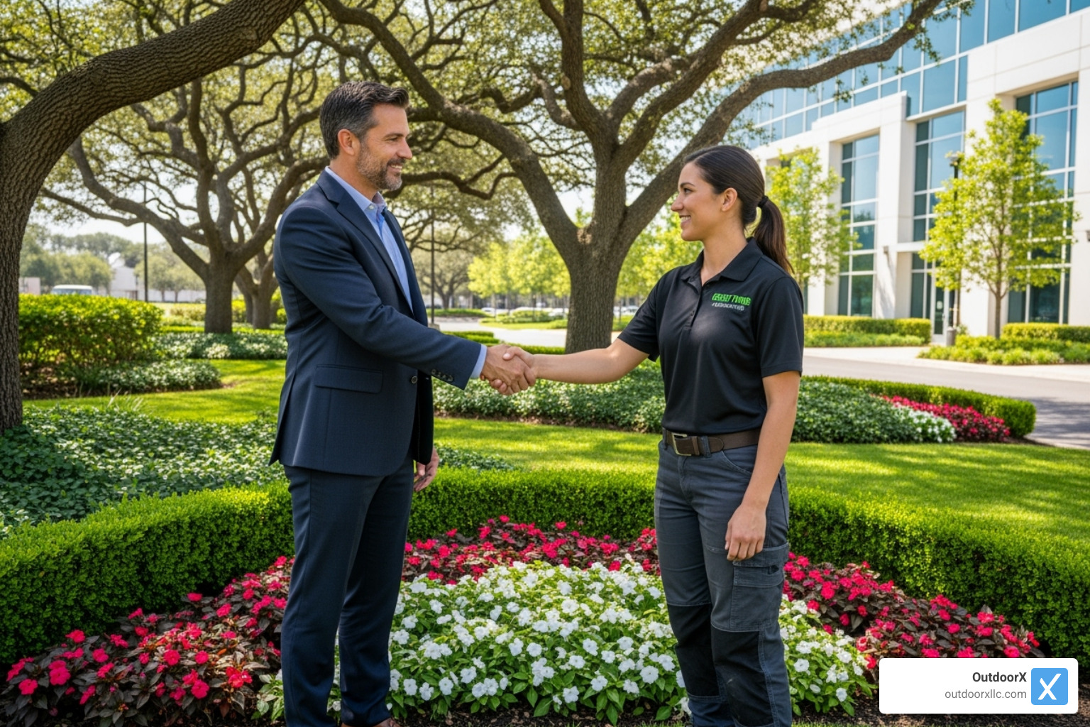 business owner shaking hands with a professional landscaper - commercial landscape companies near me