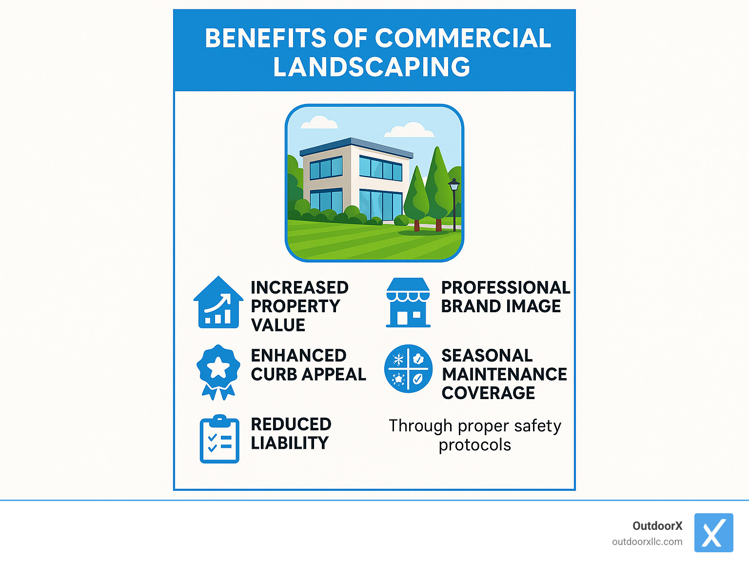 Benefits of commercial landscaping including increased property value, improved curb appeal, professional brand image, seasonal maintenance coverage, and reduced liability through proper safety protocols - commercial landscape companies near me infographic 