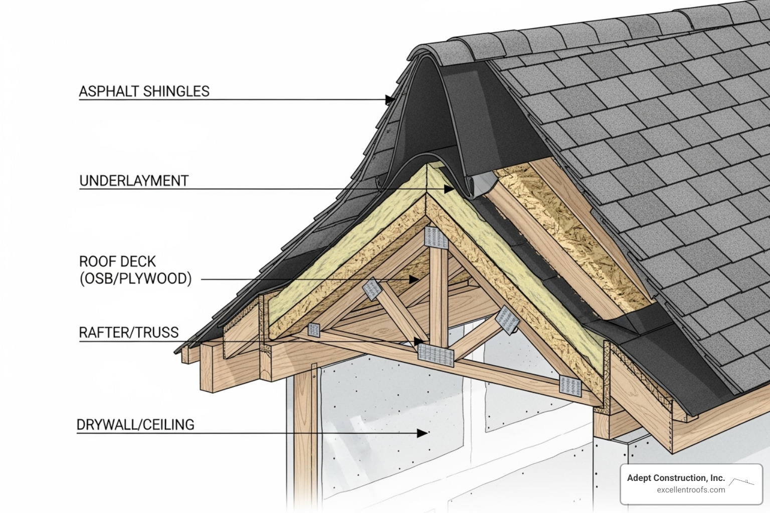 cross-section diagram showing the layers of a complete roofing system - roofing shingles