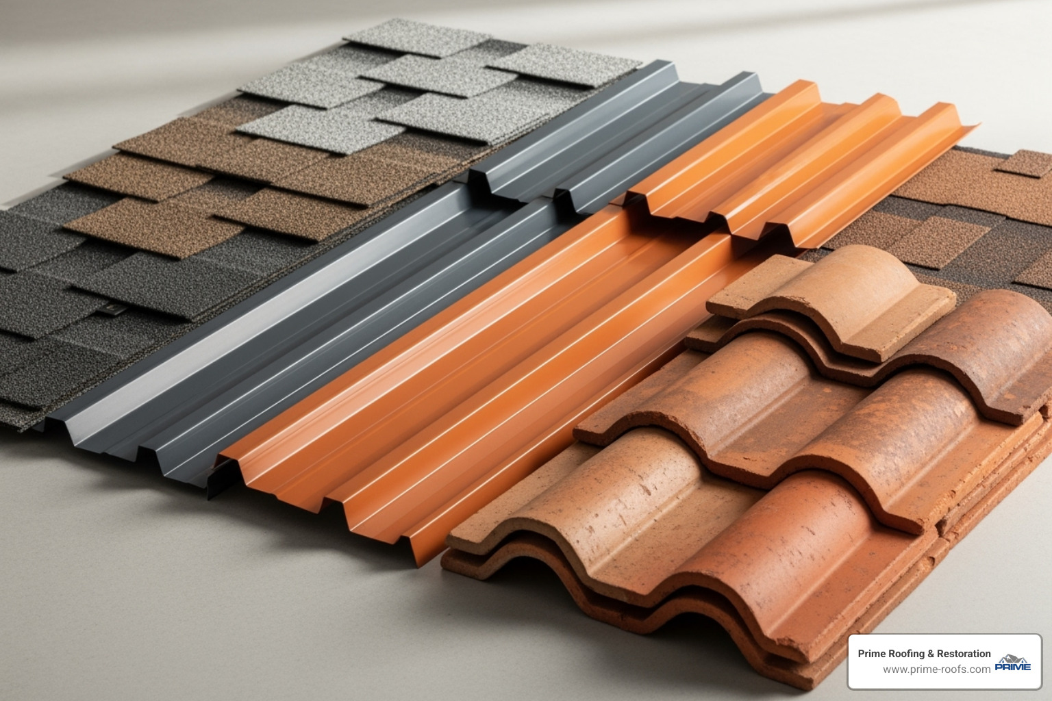 Various roofing materials like asphalt shingles, metal panels, and tiles laid out - roof replacement estimate