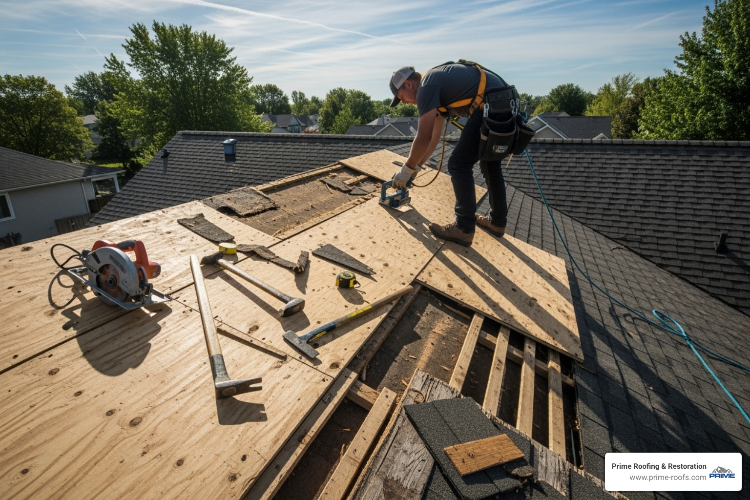 A roofer replacing a damaged piece of roof decking - roof replacement estimate