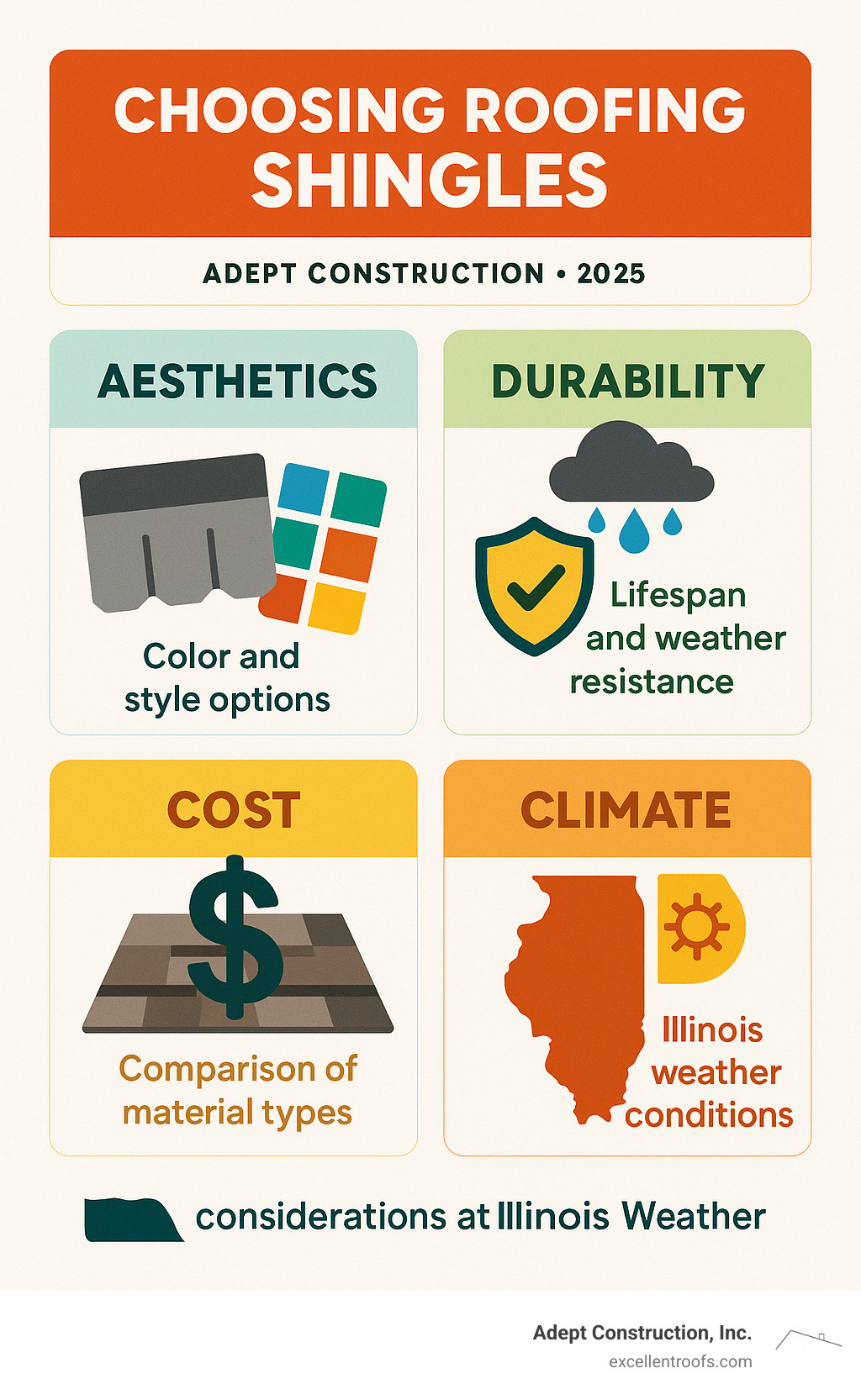 Infographic showing key factors for choosing roofing shingles: Aesthetics including color and style options, Durability measured by lifespan and weather resistance, Cost comparison between material types, and Climate considerations for Illinois weather conditions - roofing shingles infographic 