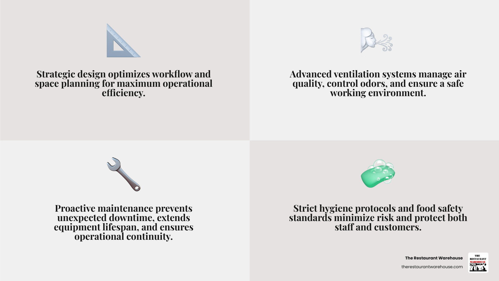 Comprehensive commercial kitchen solutions framework showing design optimization, ventilation management, maintenance protocols, and safety compliance working together to create efficient foodservice operations - commercial kitchen solutions infographic 4_facts_emoji_grey