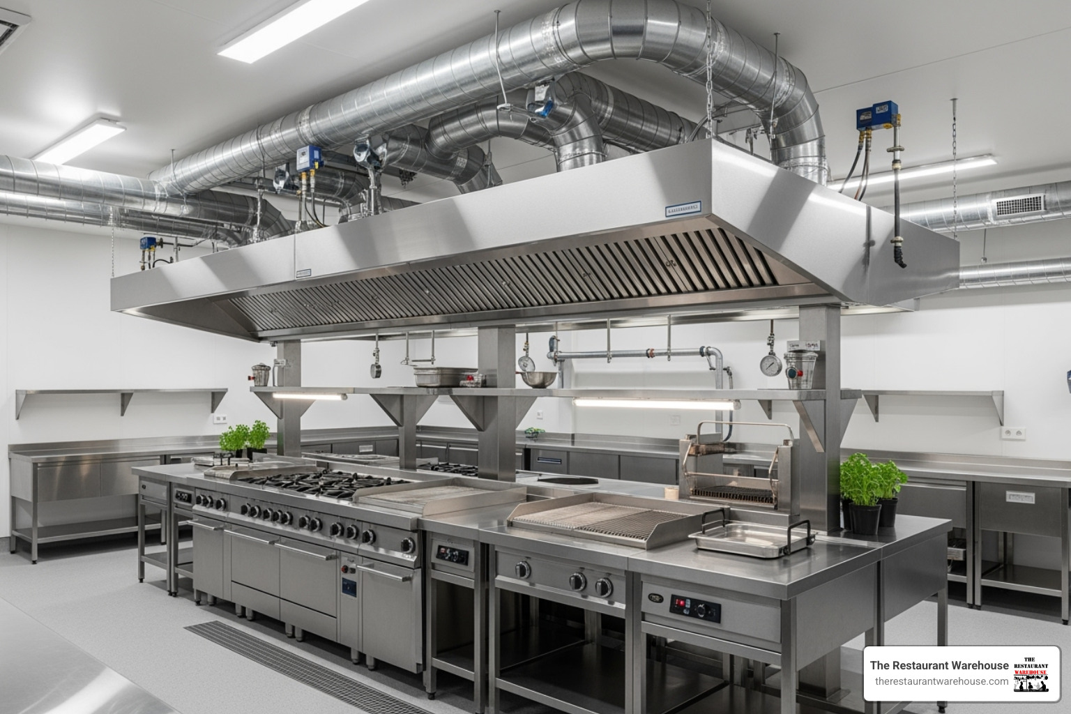 A modern, clean commercial kitchen hood and ductwork system, illustrating efficient airflow and air quality management - commercial kitchen solutions
